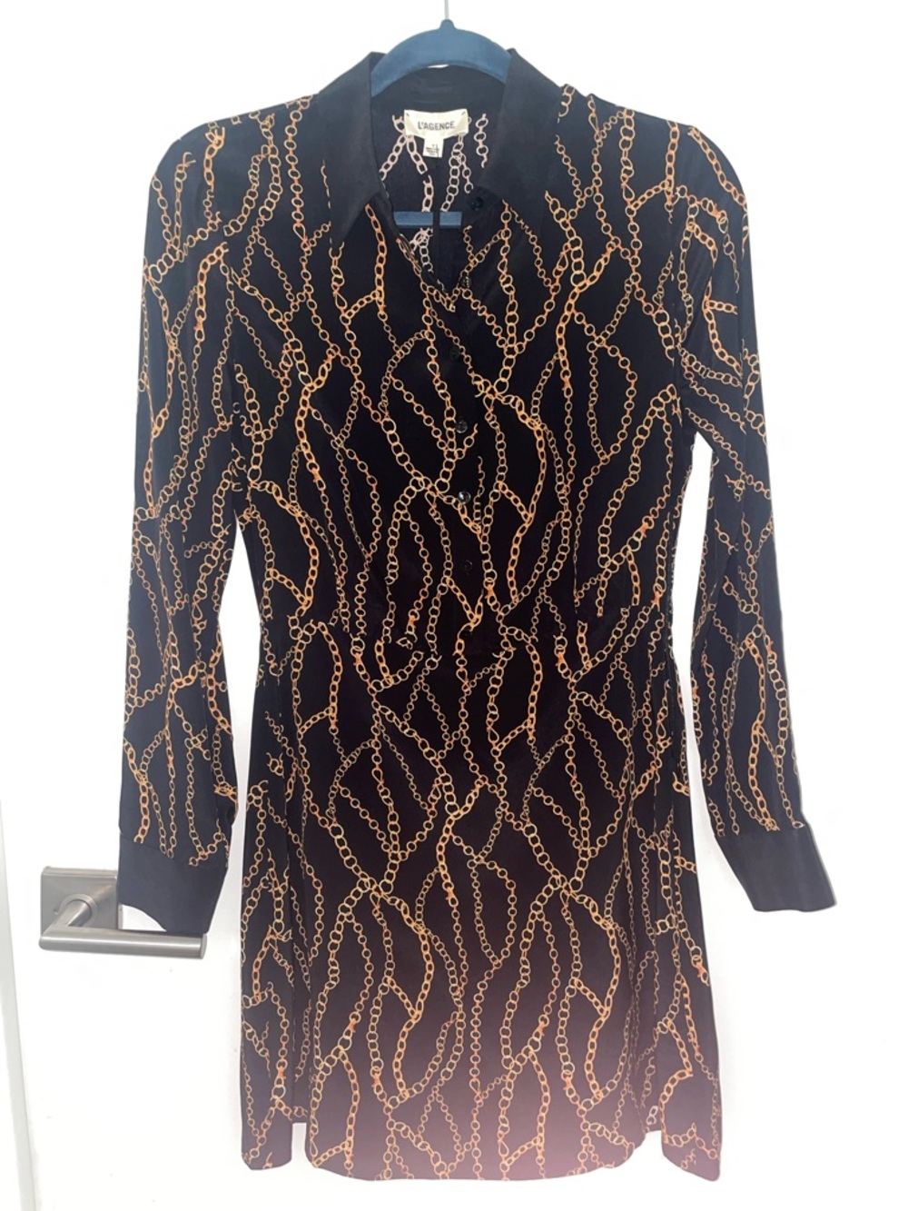 L'AGENCE Black Dress with Gold Chain Print NWT